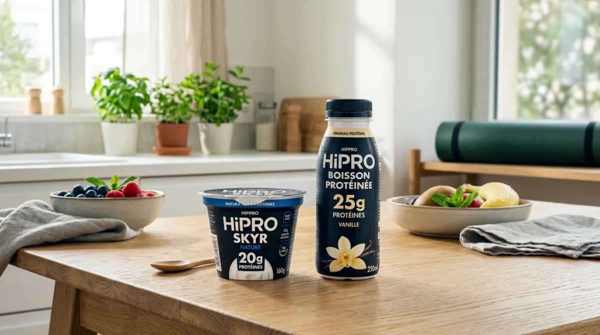 Pot de yaourt et boisson protéinée HiPRO sur une table en bois pour illustrer notre avis complet.