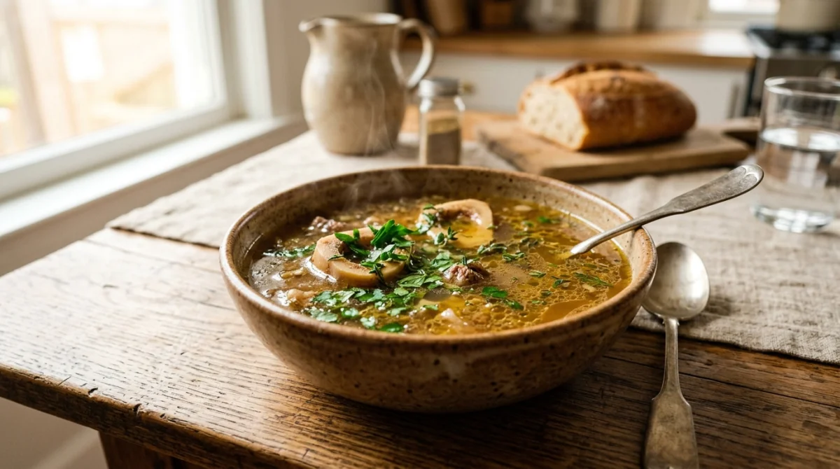 Bol de bouillon d'os fumant et nutritif, un aliment riche en collagène, servi sur une table en bois rustique.