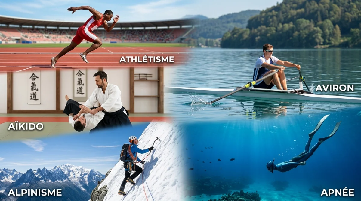Collage dynamique illustrant cinq disciplines de sport en a : athlétisme, aviron, aïkido, alpinisme et apnée en milieu naturel.