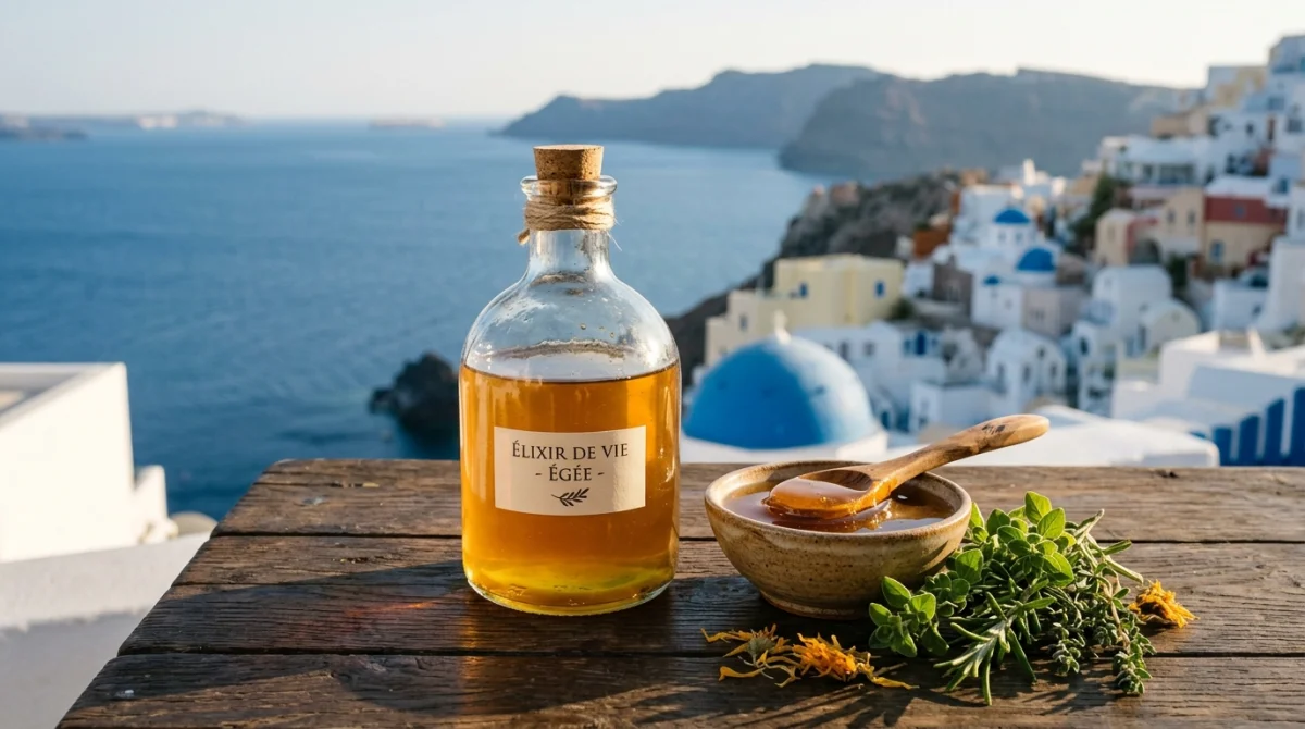 Flacon d'élixir Ikarian doré avec miel et herbes sur une table rustique face à la mer Égée.