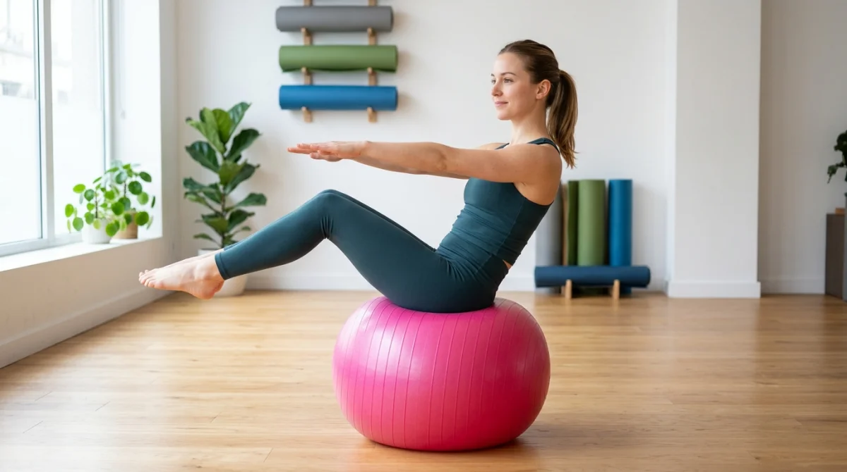 Personne pratiquant un exercice de bascule assise sur un ballon de Pilates dans un studio lumineux.