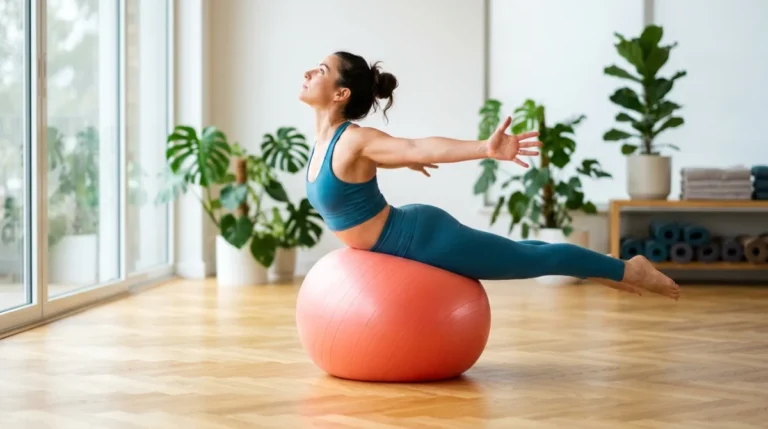 Personne pratiquant l'exercice du cygne sur un ballon de Pilates dans un studio lumineux et apaisant.