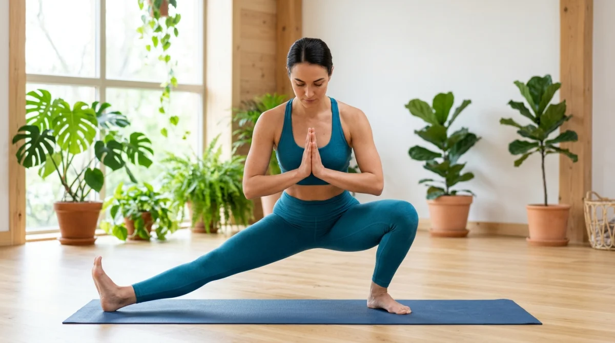 Personne pratiquant une fente latérale dans un studio pour illustrer 7 exercices pour muscler l'intérieur des cuisses.
