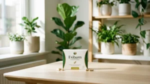 Boîte de complément alimentaire Exiburn sur bois clair, idéale pour un avis sur la perte de poids naturelle.