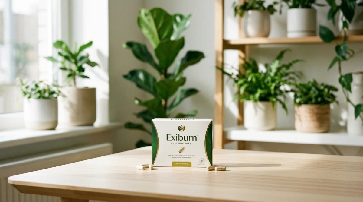 Boîte de complément alimentaire Exiburn sur bois clair, idéale pour un avis sur la perte de poids naturelle.