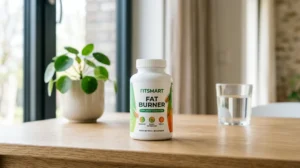 Flacon de complément alimentaire Fitsmart Fat Burner posé sur une surface moderne pour illustrer une analyse sur ses dangers.