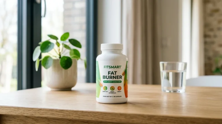 Flacon de complément alimentaire Fitsmart Fat Burner posé sur une surface moderne pour illustrer une analyse sur ses dangers.