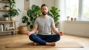 Homme pratiquant un exercice de Kegel pour homme assis sereinement sur un tapis de yoga dans un salon lumineux.