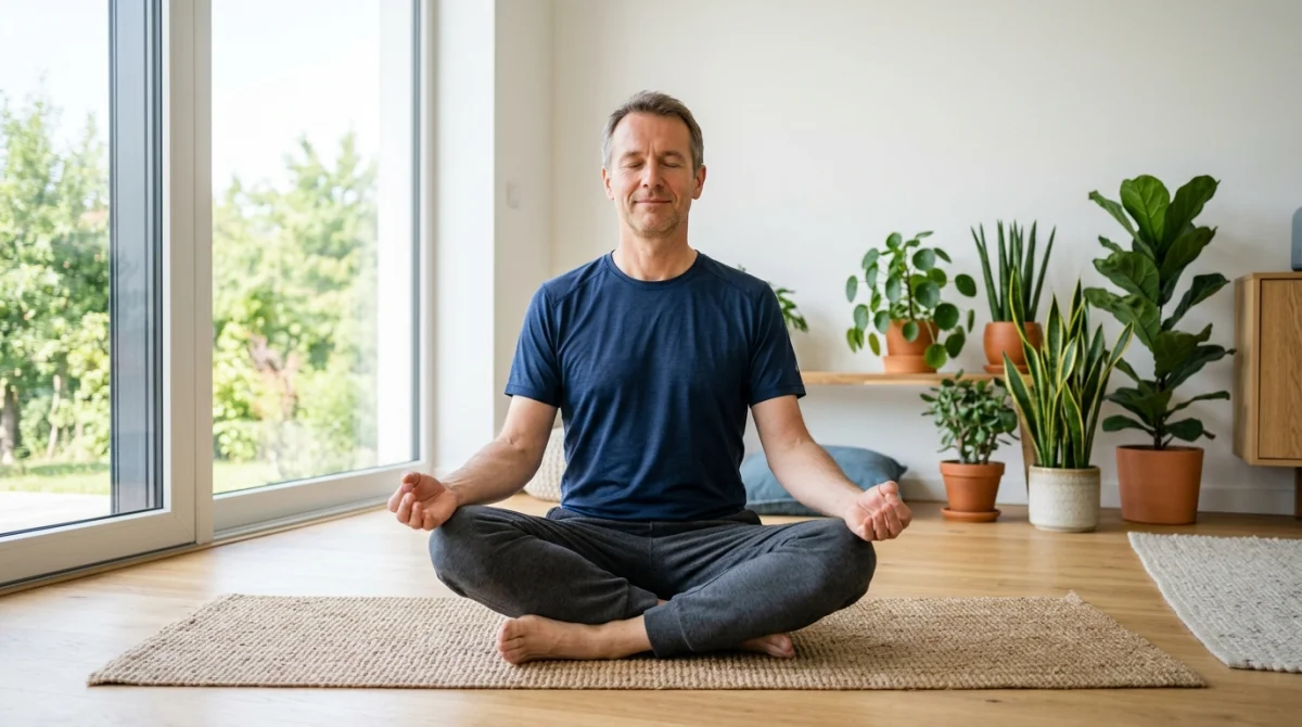 Homme d'âge moyen pratiquant des exercices de Kegel pour homme en position de méditation sur un tapis yoga.
