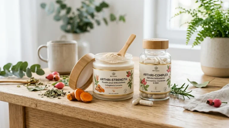 Assortiment de compléments alimentaires naturels, le meilleur collagène pour articulations sous forme de poudre et de gélules.