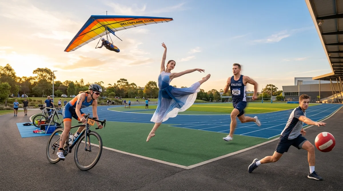Montage dynamique illustrant le sport en d avec une danseuse, un décathlonien, un deltaplane, un duathlète et un dodgeball.
