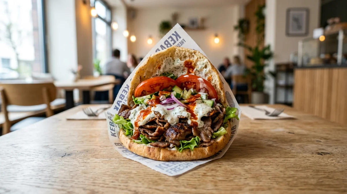 Kebab classique appétissant avec viande grillée, salade et tomates fraîches sur une table en bois clair.