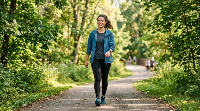 Personne en tenue de sport marchant sur un sentier verdoyant pour atteindre son objectif de 14 000 pas en km.