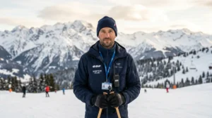 Portrait sobre et respectueux de Yoann Gravier, moniteur de ski, devant un paysage de montagne enneigé.