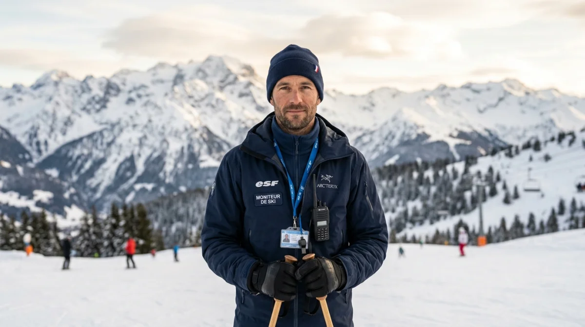 Portrait sobre et respectueux de Yoann Gravier, moniteur de ski, devant un paysage de montagne enneigé.