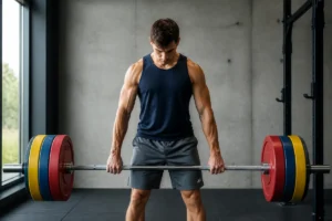 Athlète concentré se préparant à soulever une barre olympique chargée dans une salle de sport moderne et épurée.