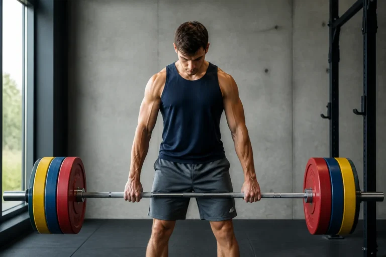 Athlète concentré se préparant à soulever une barre olympique chargée dans une salle de sport moderne et épurée.