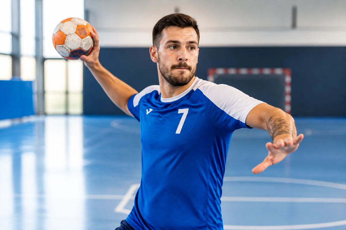 Athlète masculin en action de tir avec un ballon de handball sur un terrain intérieur moderne.