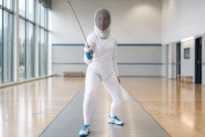 Athlète en tenue d'escrime professionnelle en position de garde dans une salle d'entraînement lumineuse pour le sport en e.