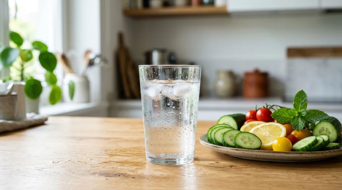 Verre d'eau fraîche accompagné de fruits et légumes frais pour illustrer une alimentation saine et l'hydratation quotidienne.