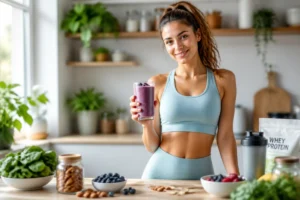 Jeune femme athlétique préparant une boisson protéinée pour maigrir dans une cuisine lumineuse avec des ingrédients frais.