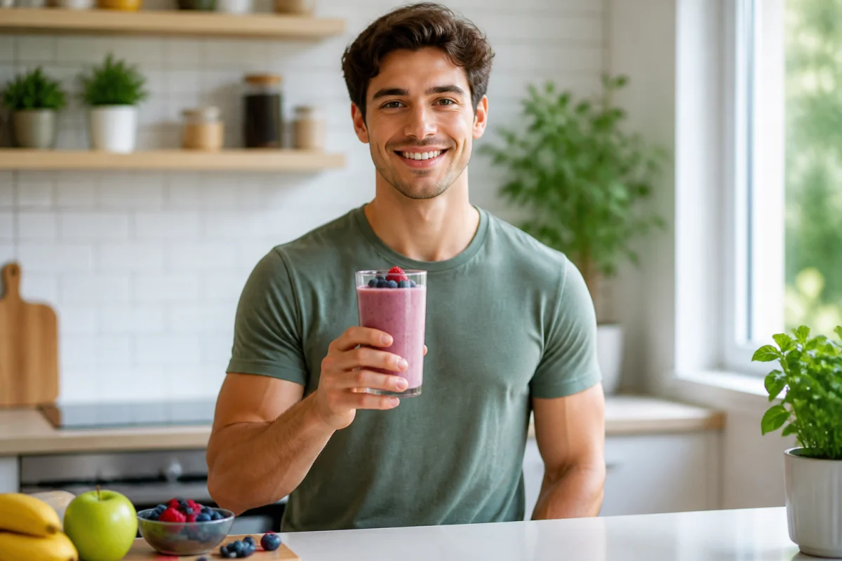 Jeune adulte tenant une boisson protéinée onctueuse aux baies fraîches dans une cuisine moderne pour une perte de poids.