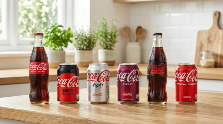 Assortiment de bouteilles et canettes Coca-Cola sur un comptoir pour comparer leurs différentes teneurs en kilocalories.