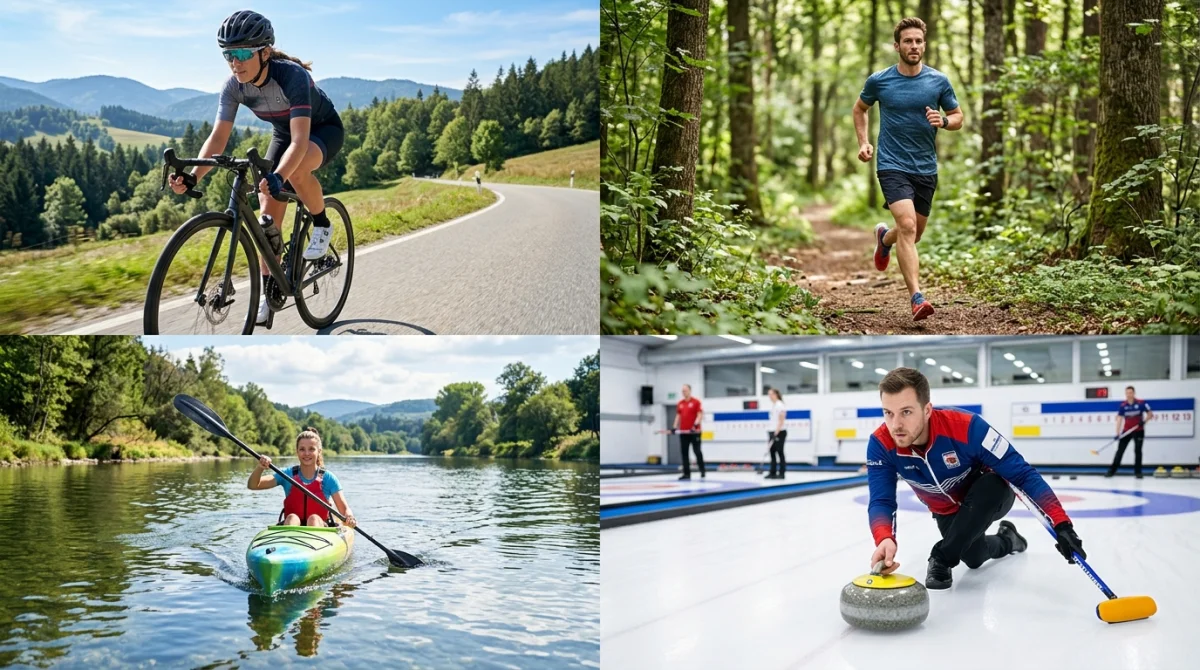 Collage dynamique illustrant quatre disciplines de sport en C : cyclisme, course à pied, canoë-kayak et curling.