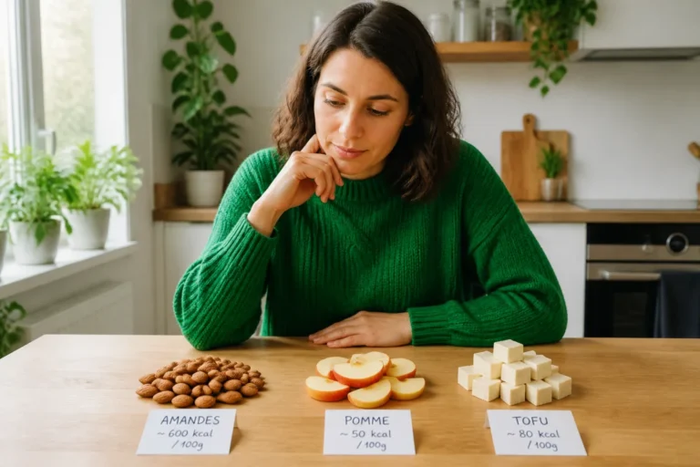 Personne examinant des portions d'aliments sains pour comparer la densité énergétique en kilocalories et kilojoules.