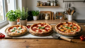 Trois pizzas de tailles différentes alignées sur une table en bois pour comparer leur nombre de kilocalories.