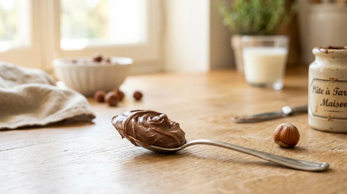 Cuillère remplie de pâte à tartiner chocolat noisette sur un plan de travail pour illustrer les kilocalories Nutella.