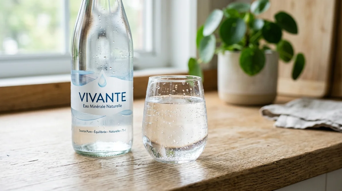 Bouteille d'eau minérale Contrex et verre d'eau fraîche sur un plan de travail minimaliste pour illustrer l'hydratation.