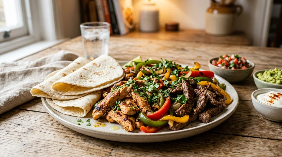 Assiette gourmande de fajitas au poulet, bœuf et légumes colorés pour un repas équilibré en kilocalorie fajitas.