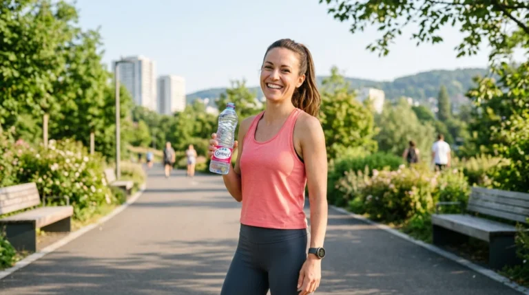 Femme active et souriante tenant une bouteille d'eau Contrex dans un parc ensoleillé pour une hydratation saine.