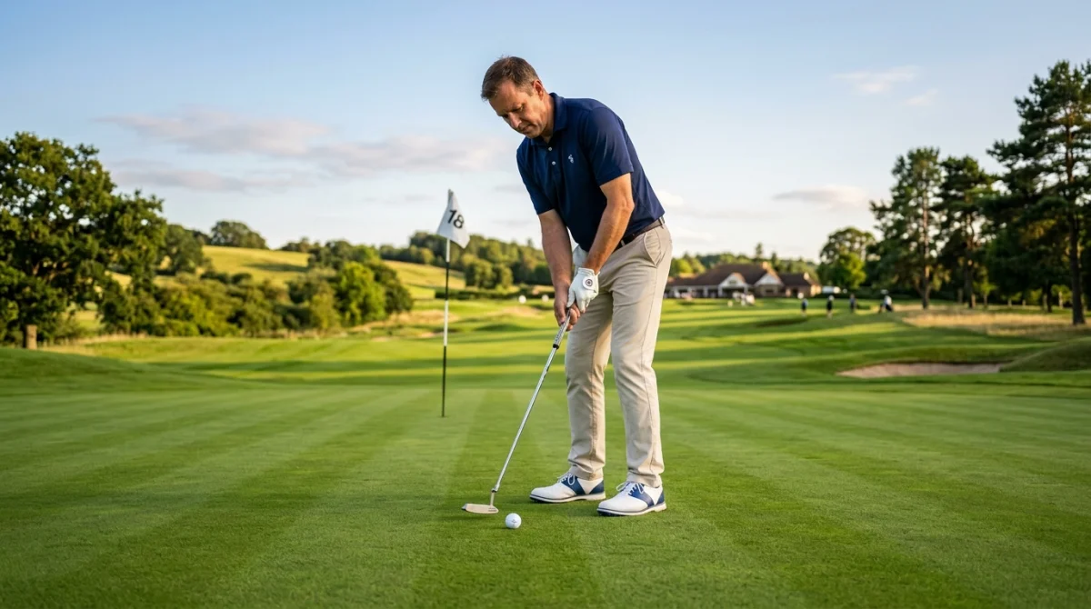 Golfeur concentré effectuant un putt sur un terrain de golf verdoyant pour illustrer la pratique du sport en g.