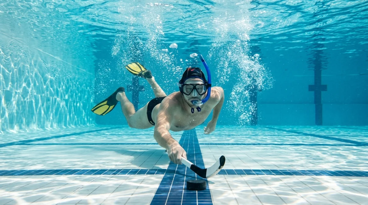 Joueur de hockey subaquatique en action au fond d'une piscine, illustrant la pratique dynamique du sport en u.