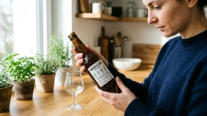 Personne lisant attentivement les informations sur la kilocalorie bière inscrites sur l'étiquette d'une bouteille artisanale.