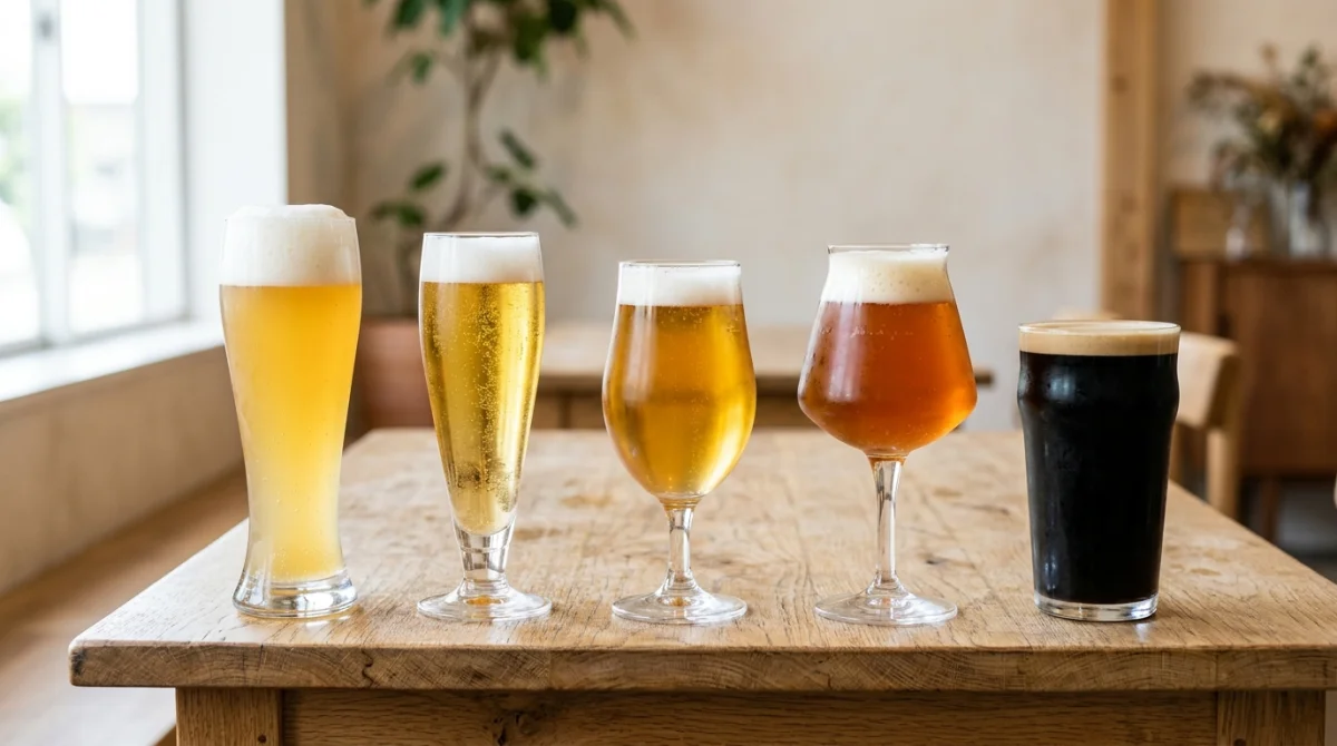 Assortiment de cinq verres de bières variées alignés sur une table en bois pour comparer leur kilocalorie bière.