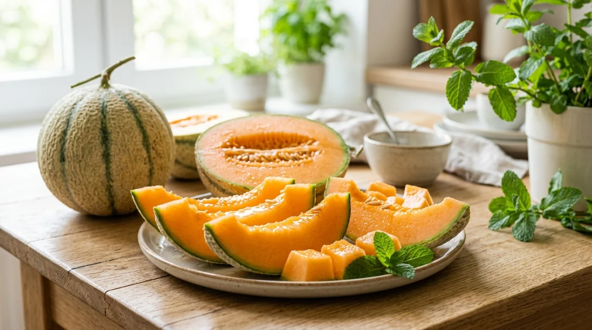 Tranches de melon frais et juteux sur une table en bois pour illustrer les kilocalories du melon.