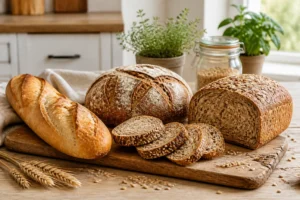 Sélection variée de pains artisanaux sur une planche en bois pour illustrer le nombre de kilocalorie pain.