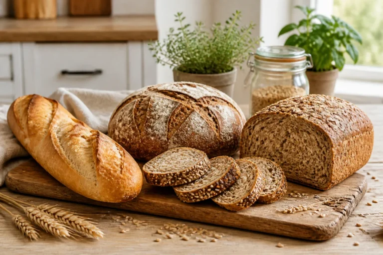 Sélection variée de pains artisanaux sur une planche en bois pour illustrer le nombre de kilocalorie pain.