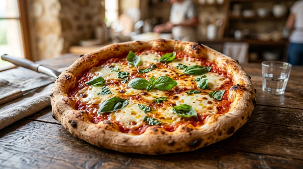 Pizza Margherita artisanale sur une table rustique, idéale pour calculer la kilocalorie d'une pizza gourmande.