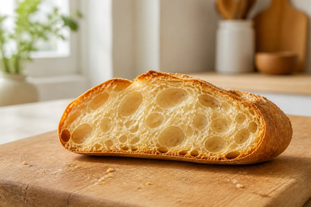 Tranche de baguette croustillante sur une planche en bois, illustrant les kilocalories d'un pain artisanal sain.
