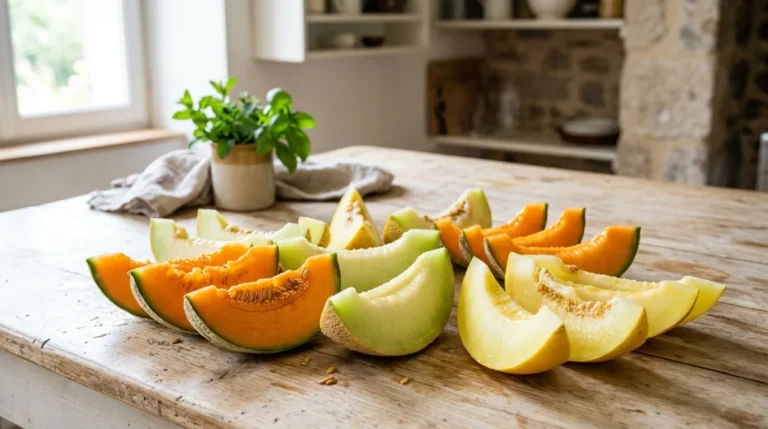 Tranches variées de melons frais disposées sur une table en bois pour illustrer les kilocalories du melon.