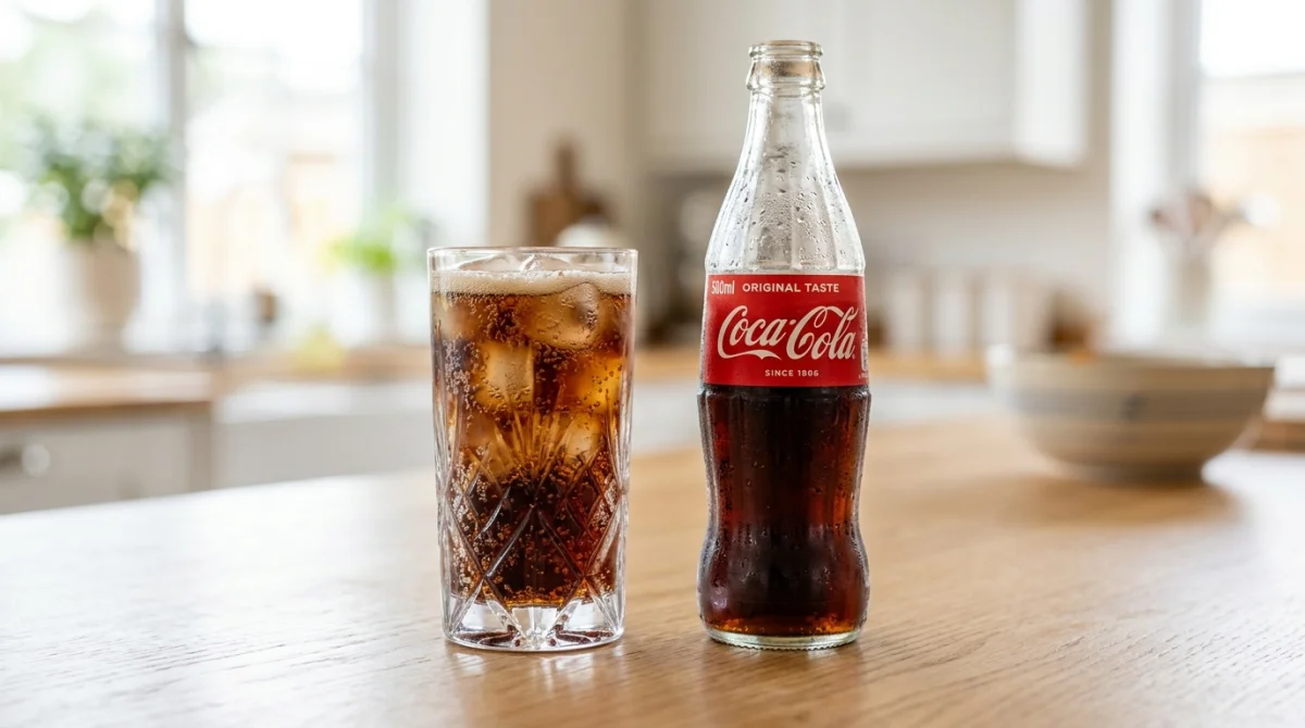 Verre de Coca-Cola glacé et bouteille de 500 ml sur une table en bois pour illustrer les kilocalories.