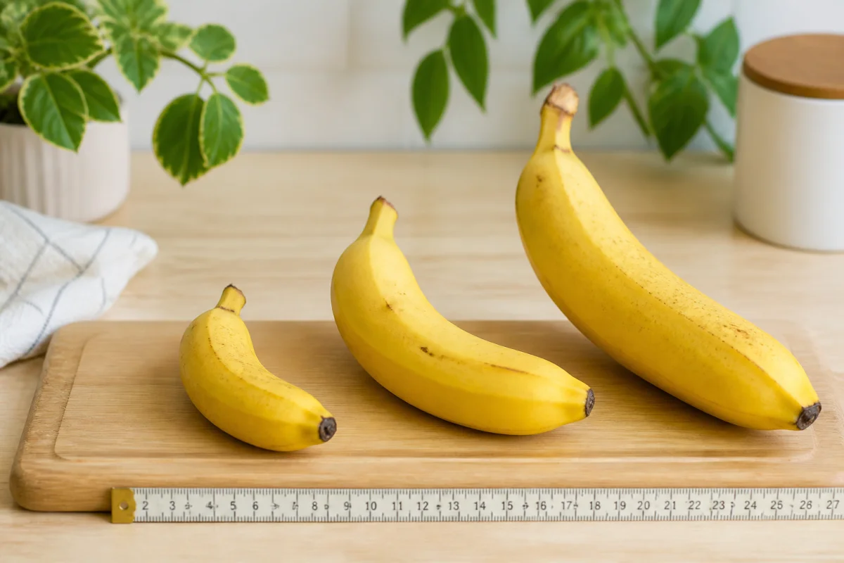 Trois bananes de tailles différentes illustrant les portions et kilocalories dans une cuisine lumineuse