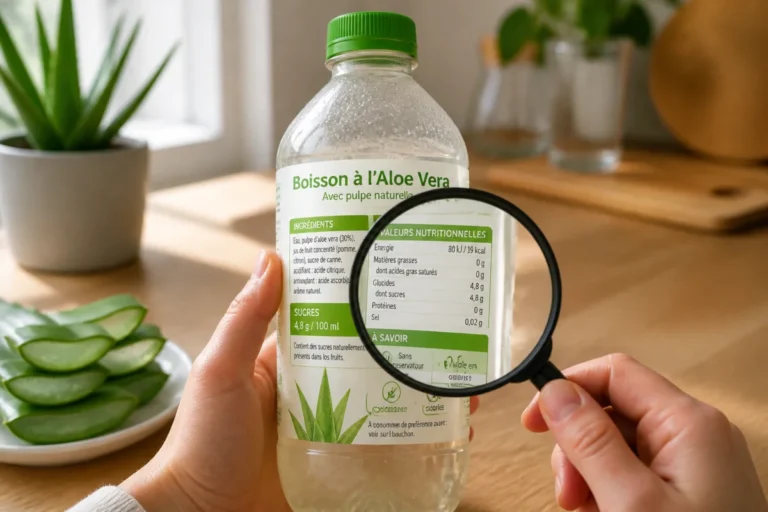 Personne examinant l’étiquette nutritionnelle d’une boisson aloe vera pour maigrir avec une loupe en cuisine lumineuse