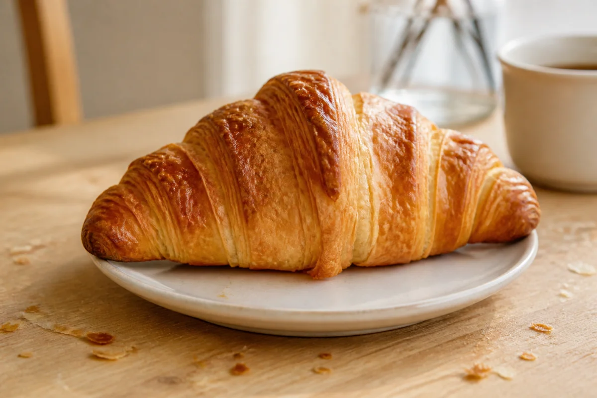 Croissant doré et croustillant sur une assiette blanche pour illustrer le nombre de kilocalories d'une viennoiserie.