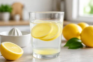 Verre d’eau citronnée fraîche avec rondelles de citron, dans une cuisine lumineuse et épurée