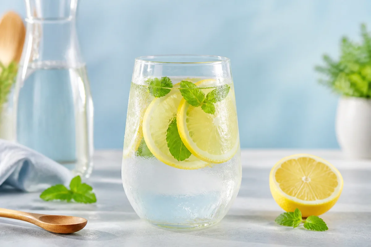 Verre d’eau citronnée fraîche avec rondelles de citron et menthe, sans sucre, pour illustrer ses effets sur la perte de poids